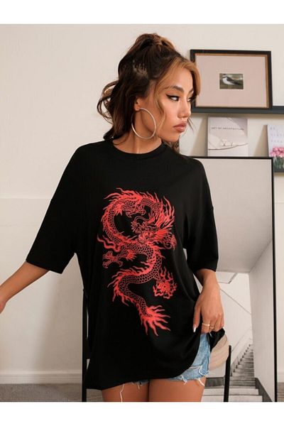 DEEPSENCE Women's Oversize T-shirt Dragon Red Print
