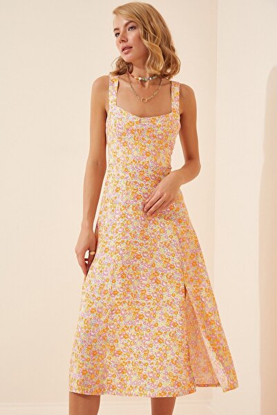 candybia فستان نسائي برتقالي بياقة مربعة مزين بالزهور