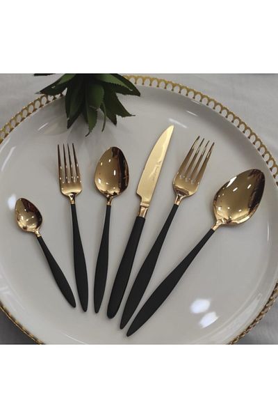 BRONDOFF Carmen 42 Piece Black Gold Titanium Fork Spoon Set