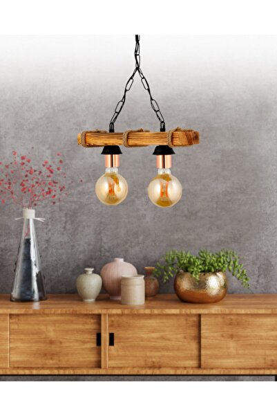 ŞL Şef Light Otantik Ahşap Ikili Bakır Laleli Avize