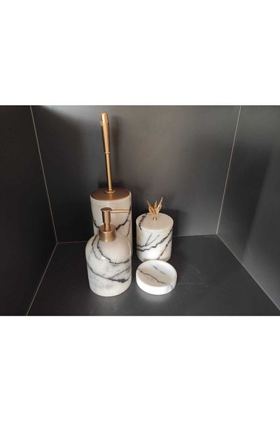Polen Stone Lilac Marble Liquid Soap Dispenser, Cotton Dispenser, WC Brush Holder, Solid Soap Dispenser - Roz Gold