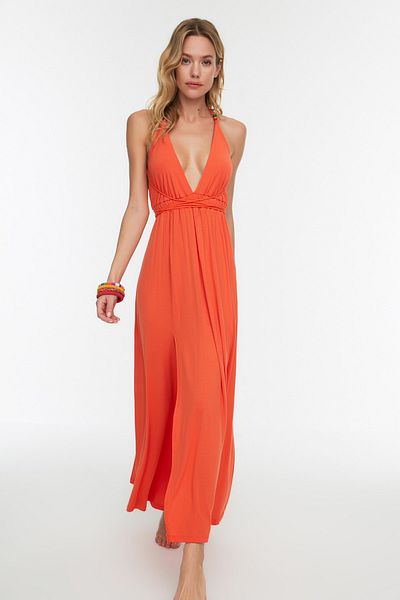 Trendyol Collection Orangefarbenes Maxi-Strandkleid mit gestricktem Perlenaccessoire TBESS21EL2796
