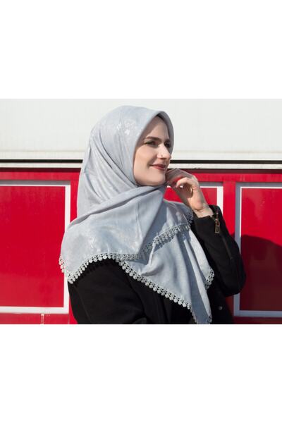 AYSİM TEKSTİL Kadın Gri Güpürlü Kendinden Desenli Kare Örtü