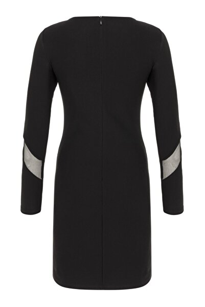 UTOPIAN Slim Fit Kol Ve Göğüs Transparan Tül Detaylı Elbise-siyah