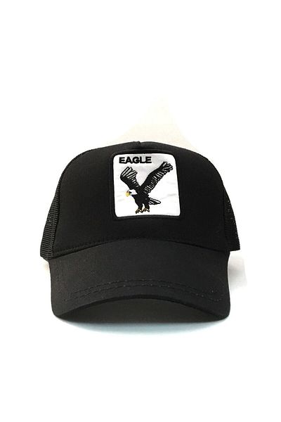 Outlet Çarşım Men's Black Eagle Embroidered Mesh Cap Full Black Sports Hat