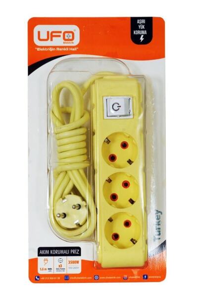 UFO Akım Korumalı Anahtarlı 1,5 Metre Sarı Renkli Üçlü Priz