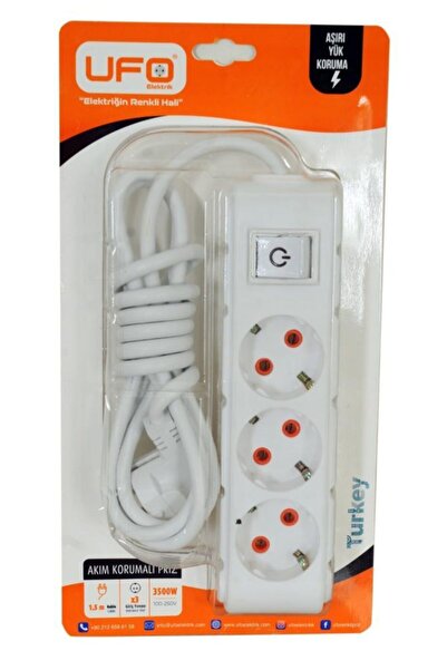 UFO Akım Korumalı Anahtarlı 1,5 Metre Beyaz Renkli Üçlü Priz