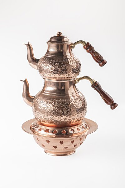 DMT COPPER HOME طقم إبريق شاي نحاسي كبير الحجم Gaziantep ومجموعة سيفاس للشرفة مع نجمة منقوشة