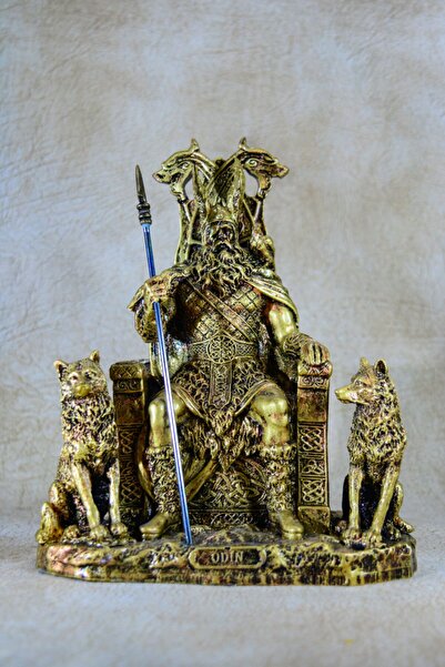 Narçiçeği Takı ve Hediyelik Eşya Iskandinav Viking Tanrısı Odin Kurtları Geri Ve Freki Detaylı Heykel Biblo