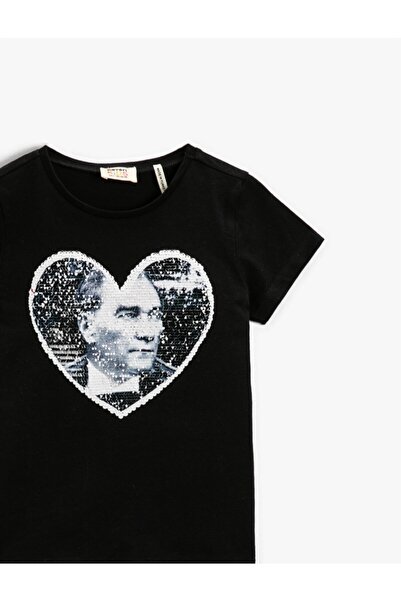 Koton Oboustranné triko Ataturk na výšku s krátkým rukávem a flitry Bavlna