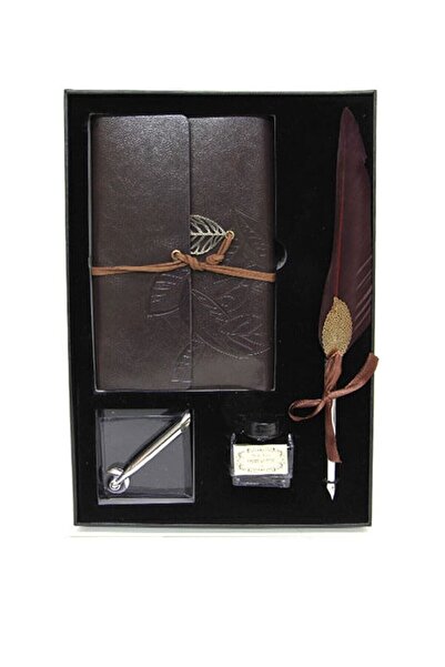 Dünyadan Hediyeler Divit Hokka Defter Ve Tüylü Kalem Seti Koyu Kahverengi