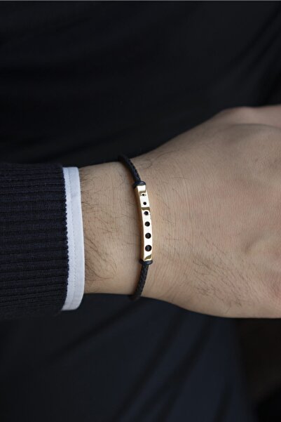 Cenova Kuyumculuk Çift Renk Örme Deri Kordonlu Ve 14 Ayar Altın Erkek Bileklik