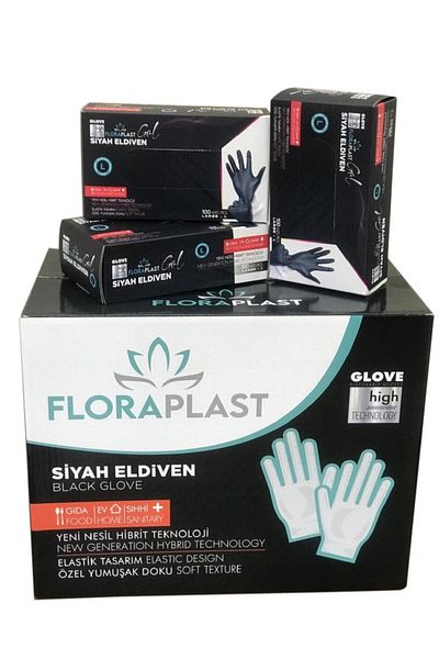 Floraplast Glove L Size Tpe/Pe Powder Free Disposable Black Elastic Gloves 100 Pcs