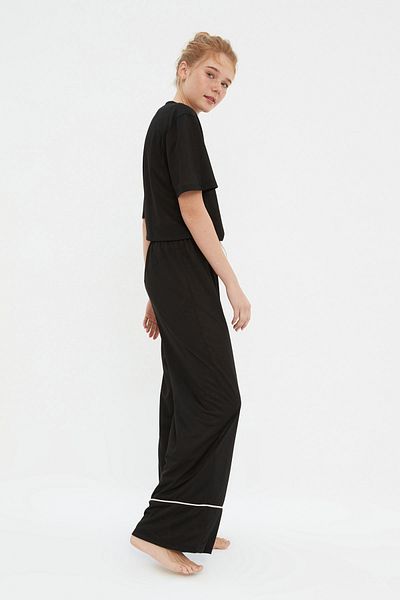 Trendyol Collection Black Cotton Leisure Printed Piping Detail Knitted Pajamas Set Thmss21Pt0953