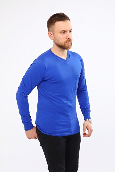 Çamdalı İş Elbiseleri Tricou cu decolteu în V Saks albastru cu mânecă lungă Tricou de afaceri din jerseu simplu