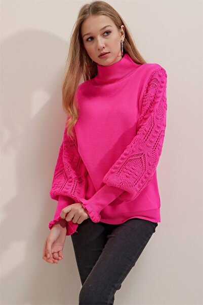 OMKA BUTİK Pulover de damă fucsia cu jumătate de mânecă de pescar din dantelă