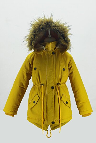 Nacar Unisex Çocuk Kışlık Kanvas Kumaş Büzmeli Diz Üstü İçi Kürk Kapüşonlu Ka...