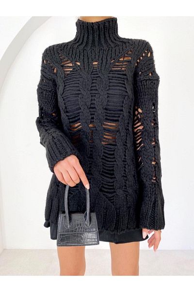 Bengi Clothing Pulover negru din tricotaje rupte cu talie înaltă - Model oversize pentru damă