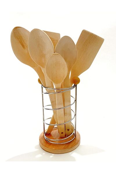 Kitchen Mania 7 Piece Luxury Glossy Beech Varnished Wooden Spoon Wooden Spatula Tree Tongs Set - Metal Stand