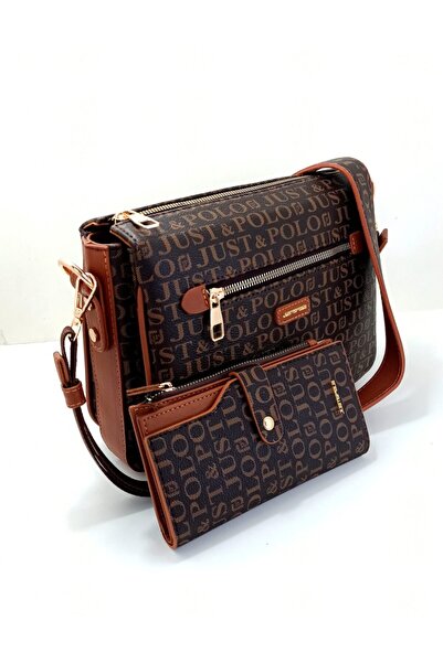 Just Polo Kadın Kahve Taba Baskı Desen Çanta Cüzdan Takımı