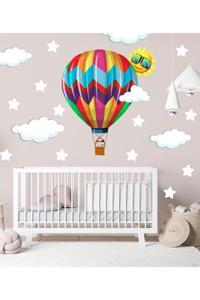 Sticker Sepetim Renkli Uçan Balon Bulutlar Ve Yıldızlar Çocuk Odası Çok Amaçl...