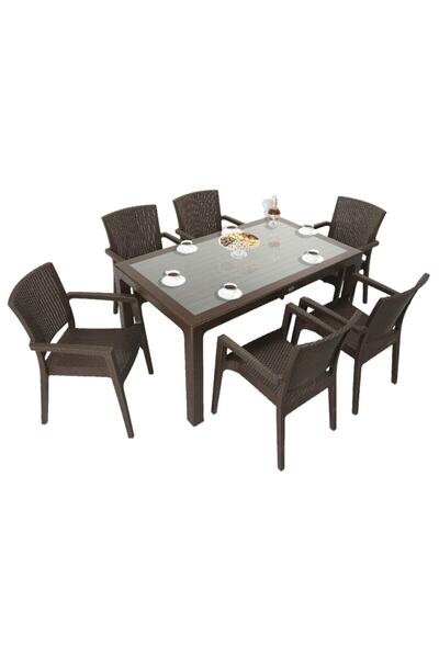 Mandella Elit Rattan 90x150 Zeus Koltuk Camlı Masa Takımı Kahverengi