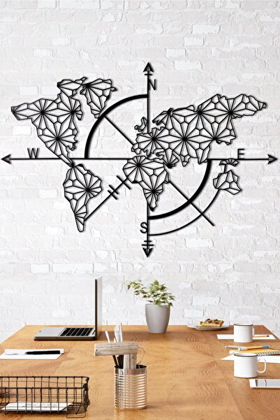 Gowpenart Pusulalı Dünya Haritası Ev&ofis Metal Duvar Tablosu- 90x130 Cm