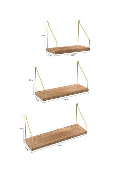 Roomie Home Wall Shelf Set of 3 Bookshelf Kitchen Bathroom Living Area Gold Arm
