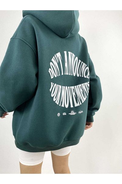 Black Sokak Women's Green Dont Hoodie Printed Oversize Sweatshirt