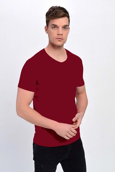 DYNAMO Men's Basic Lycra V-collar T-shirt - T-339 - Claret Red - M
