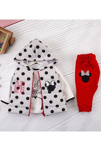 Hippıl Baby Hippil Baby Girl 3-Piece Polka Dot Hooded Vest Mickey Pattern Style Luxury Set