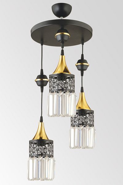 SONSUZ AYDINLATMA&AVİZE Dilan Pendant Lamp Tray Black 3-Wire Yellow Downward Facing Crystal Stone Chandelier