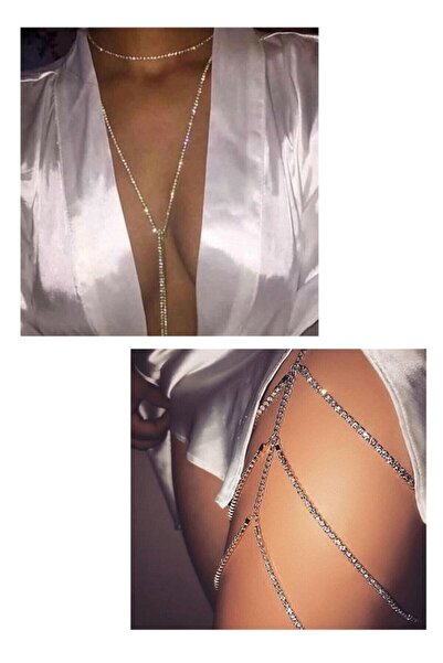 Classy Kadın Gümüş Platform Zirkon Pırlanta Taşlı Bacak Aksesuarı Ve Kolye Set