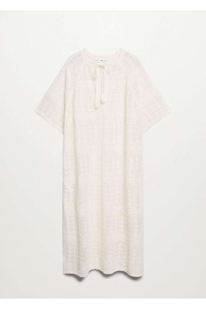 MANGO Woman Γυναικείο πλεκτό καφτάνι Ekrü διάτρητο