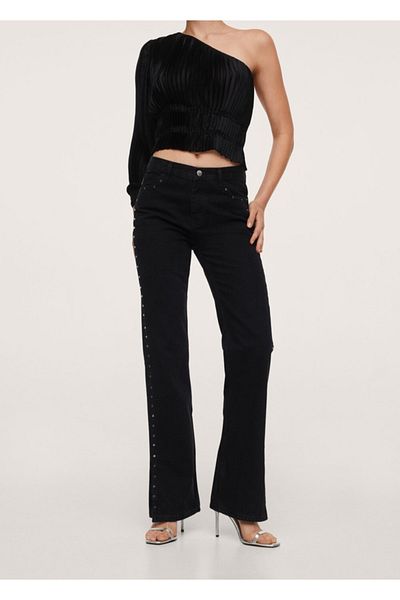 MANGO Woman Women's Black Denim Studded Straight Cut Jeans