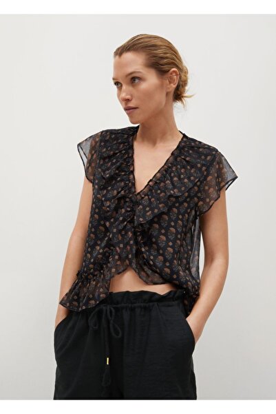 MANGO Woman Women's Black Patterned and Ruffled Shirt