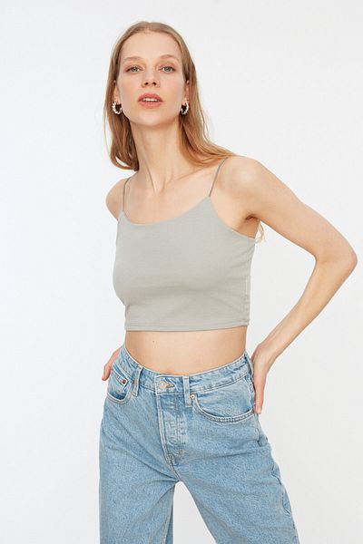 Trendyol Collection Gray Cotton Spaghetti Strap Fitted/Fitted Crop Stretch Knitted Athlete TWOSS20AL0006
