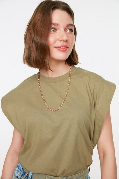 Trendyol Collection Tricou de bază pentru ciclism din bumbac - guler tricotat 100% kaki