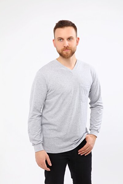 Çamdalı İş Elbiseleri V Neck Gray Long Sleeve Sweatshirt Single Jersey Work T-Shirt