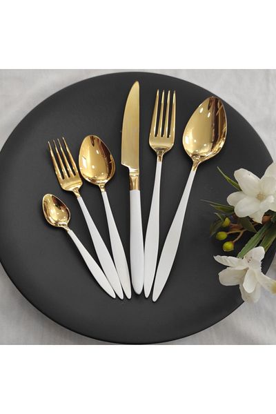 BRONDOFF 84 Piece Carmen White Titanium Gold Fork Spoon Knife Set