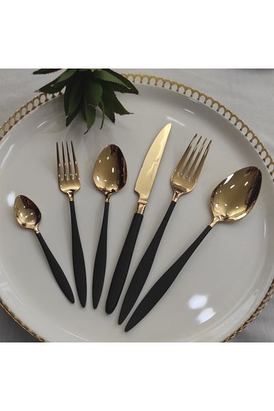 BRONDOFF 84 Piece Carmen Black Titanium Gold Fork Spoon Knife Set for 12 People
