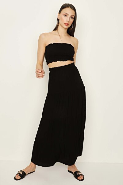 Select Moda Kadın Siyah Beli Lastikli Volanlı Maxi Etek