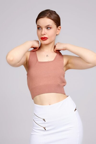 MJORA Kare Yaka Örgü Crop Atlet