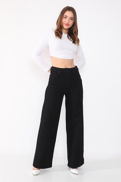 Trn JNS Pantaloni negri largi din lycra cu talie super înaltă. (SUPER ÎNALT.) Picior lat.