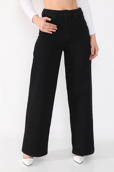Trn JNS Pantaloni negri largi din lycra cu talie super înaltă. (SUPER ÎNALT.) Picior lat.