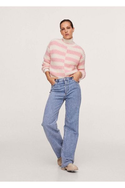 MANGO Woman Pulover tricotat cu dungi roz pastel de damă