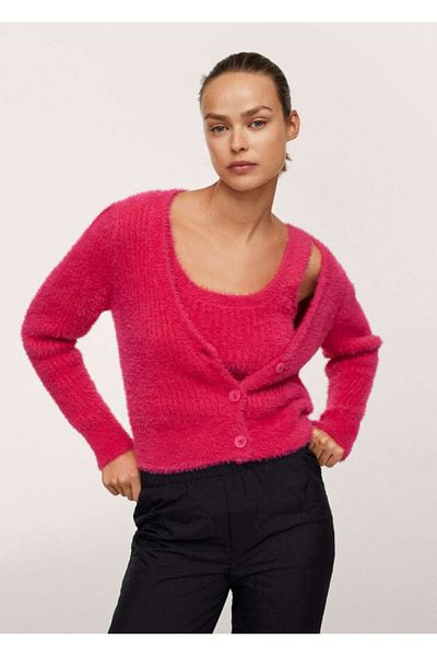 MANGO Woman Women's Strawberry Red Faux Fur Knitted Cardigan