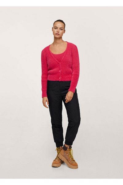 MANGO Woman Women's Strawberry Red Faux Fur Knitted Cardigan