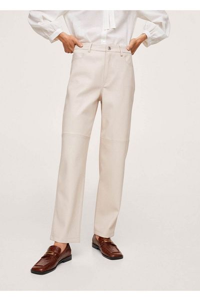 MANGO Woman Women's Ecru Leather Look Straight Cut Trousers