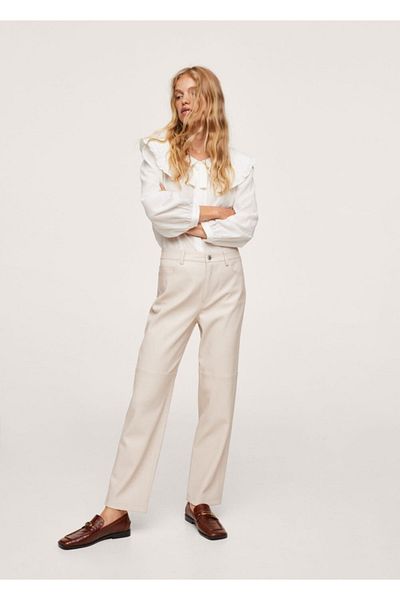 MANGO Woman Women's Ecru Leather Look Straight Cut Trousers